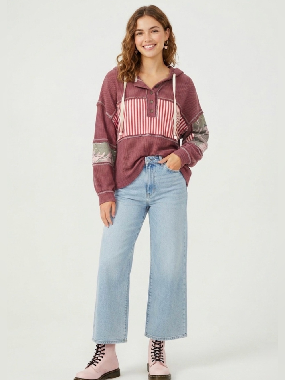 POL Maroon Thermal Knit Hoodie Mixed Media Striped Camo Patchwork Top Size S